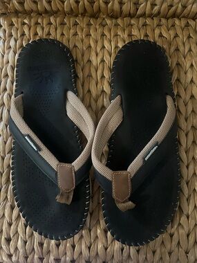 Men's Black Footbed Flip Flops with Brown Mesh Straps